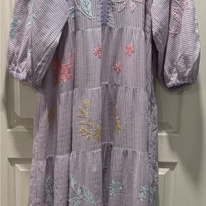 Johnny Was Lavender Striped Maxi Dress with Embroidered Florals